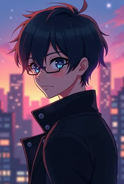 An anime boy with v shaped jawline, stylish hairstyle, rectangular shaped gleasses, smart look and serious. he is wearing a black jacket and looking in front , city skyline inthe background and beautiful colours 