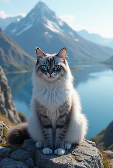 IMAGE REALISTE : un chat RÉALISTE de taille moyenne, au poil de différentes nuances de gris (blanc, gris clair, gris foncé...) et aux yeux bleus foncé comme locéan, il se tient sur une magnifique montagne derrière la montagne un grand lac est de superbes r...