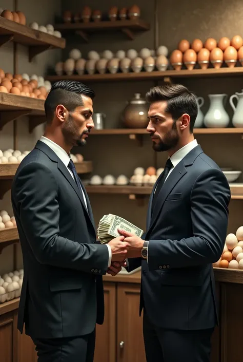 Footballer Ronaldo giving dollars to messi in an egg shop 9:16 aspect ratio 