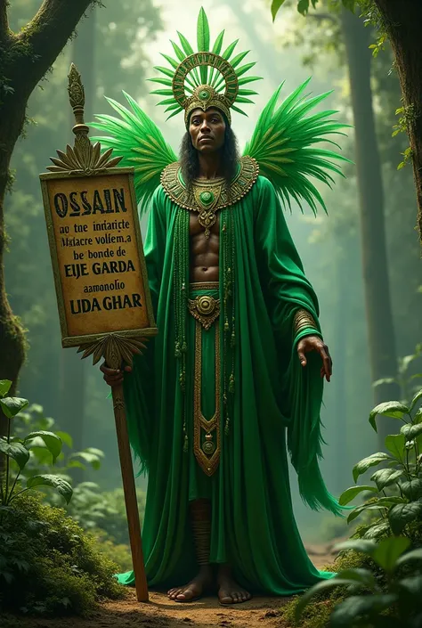 Ossain, dressed in green with feathers , Holding a sign, with writing: "Umbanda Oxsósi Ytayossi ",  written with capital letters in Portuguese in a forest setting