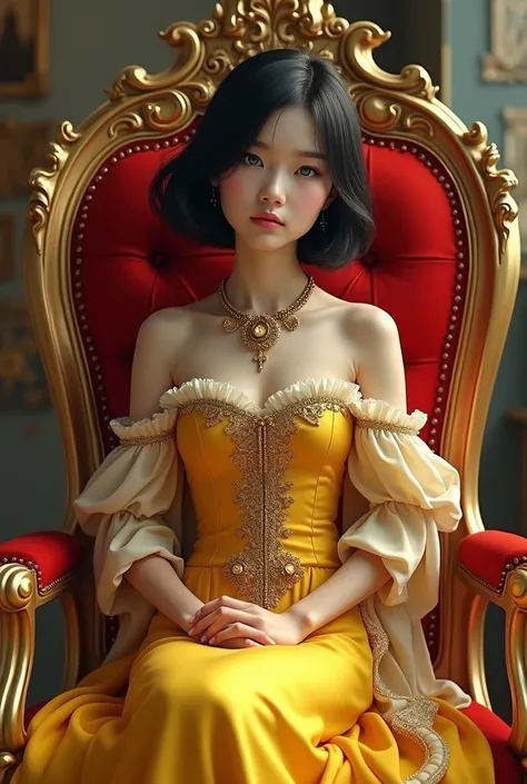 age of 15 but she sitting in a golden chair the dress is royal yellow with combination of royal white,red, her skin is white her hair is color black  and short  and her age is 15 and her eyes is blue  make her human with ai