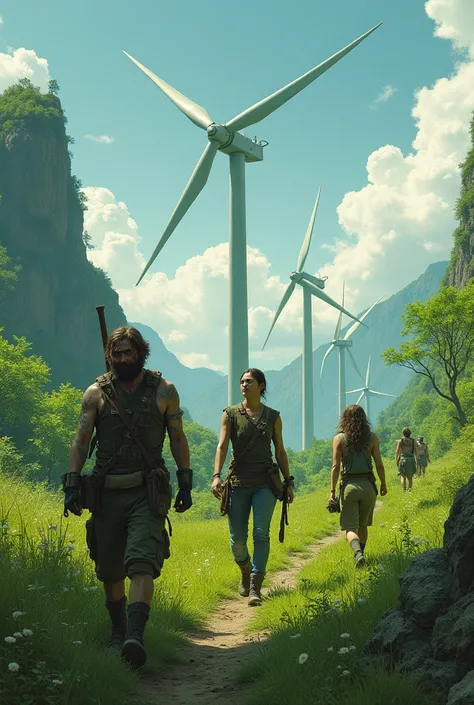 people in post apocalyptic green wilderness with wind turbines 
