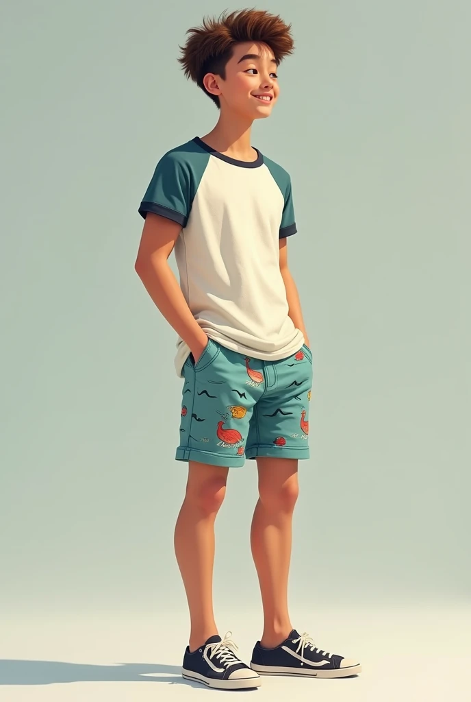 Model wearing ringer tshirt and dolphin shorts