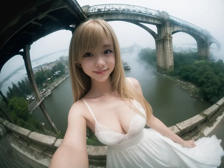 ( Fisheye Lens :1.3) Americans with underwear、 pretty girl、bangs、Blonde、 straight long hair 、 white skin、 slender、 White Dress、bent over,arms behind back,smile、(Thick Fog:1.2)、(Above an old bridge :1.2)from above(from front:1.3)