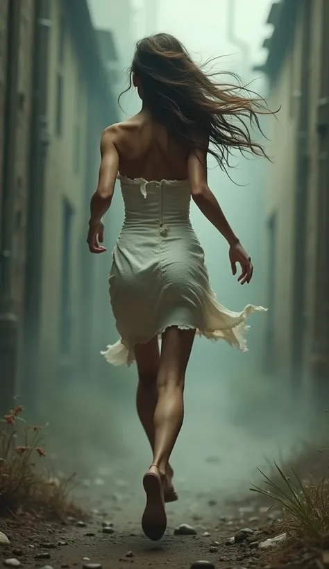  a thin tall young beautiful woman holding someone hand, (woman is running fastest with stride forwards), back view, athletic body shape, worn tight white short worn-out dress, long leg, thin waist, horrible atmosphere, scared, danger scene, 