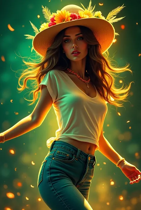 Create a lightpainting style painting representing a  brown-haired girl dressed in a casual outfit (jeans and T-shirt) with a hat decorated with flowers, feathers and ribbons in shades of yellow and green, she is dancing n no matter how inspired by her old...