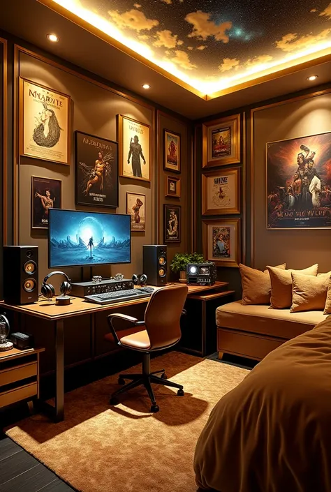 A gaming room gold themed with music and movie posters all over the wall and galaxy themed lights and clouds on top ceiling,high end audiophile setup with wired earphomes collection kept on one side of table and a huge tube smplifier for open back headphon...