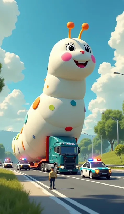 A surreal and whimsical scene featuring a giant, cartoon-like white caterpillar with big, cheerful eyes and rosy cheeks, transported on a  large  modern truck. The caterpillar has a segmented white body with bright colorful spots and is escorted by several...