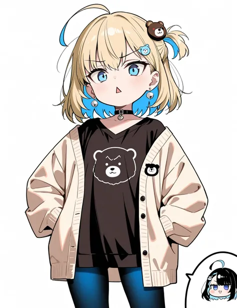  high quality
1 girl    ,     Sky Blue Eyes ,    blonde 、    earrings for women    ,     asymmetrical bangs  ,    bear-shaped hair ornament  ,   black tights、whole body、 has a white background  、Skin only、messy hair   、   private clothes、  standing  、Chibi...