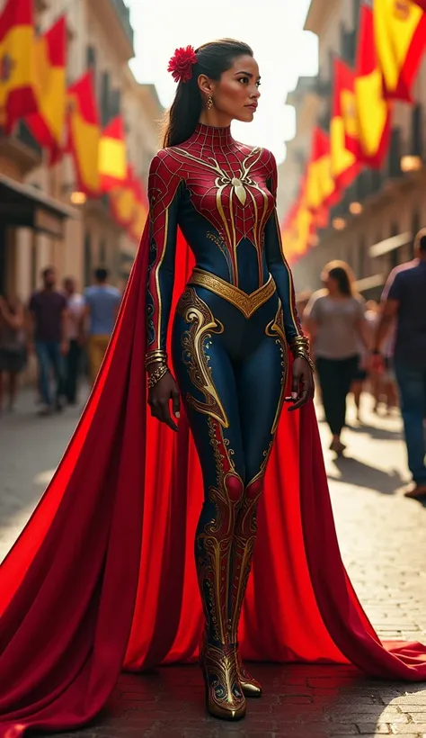 "A figure in a Spider-Man-inspired costume influenced by Spanish culture. The design features flamenco-inspired patterns, gold embroidery, and a red cape. The background includes Spanish flags and intricate tilework, set in a vibrant festival or convention