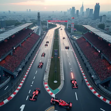 Outline of an F1 urban circuit in Paris seen from above ; gradins ; virages hors du commun ;  Large size of the circuit  ; Realistic ; photographic ; futuristic