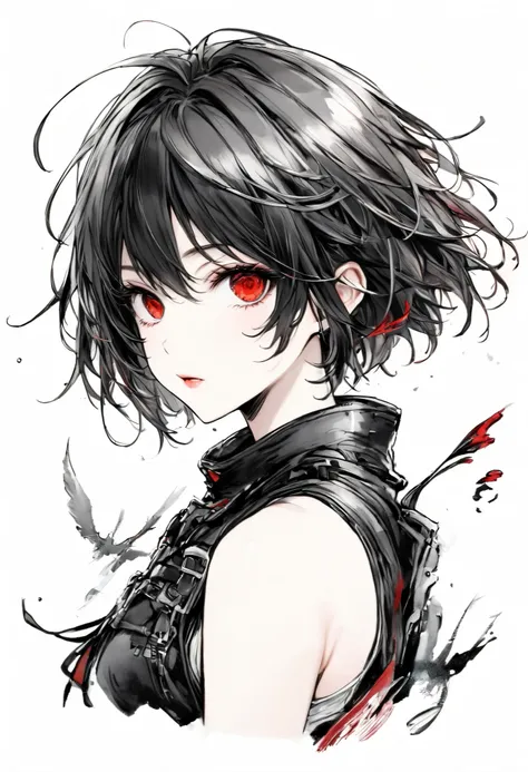 Black and White、Pencil Wind、Handwritten style、short hair and red eyes、White background