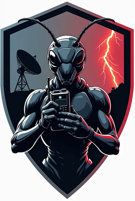 a top half black ant in a shield logo, take a walkie talkie in right hands, Satellite dish and lightning strike in a background