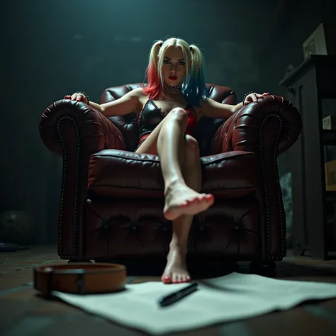 La scène est prise du sol en angle ascendant, les pieds nus de harley quinn sont au premier plan. Harley quinn  est assise sur une chaise de commandement, elle tient des clés de maison dans sa main droite, jambes croisées sur un repose-pieds, expression ar...