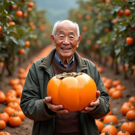  An old Taiwanese man holding an oversized persimmon on display， The old man is dignified and decent，Face kind，Eyes with spirit，Smile facing the front，The joy of a good harvest ，Cant help laughing ， photography style； The background is a persimmon garden ，...