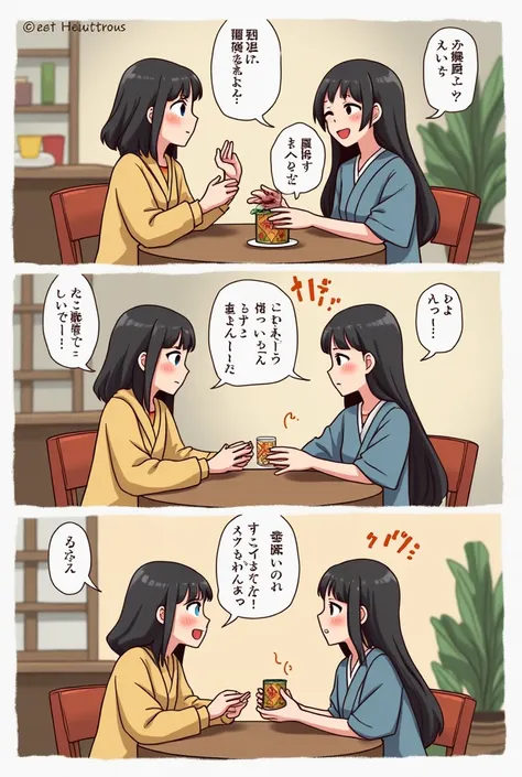 generate an comic strip about

Characters: Sarah (from the U.S.) and Mei (from Japan) are sitting in a coffee shop. Sarah looks confused as Mei hands her a small gift

Sarah: "Oh! Thanks, Mei. Whats this for?"

Mei: "Just a small token. In Japan, we give g...