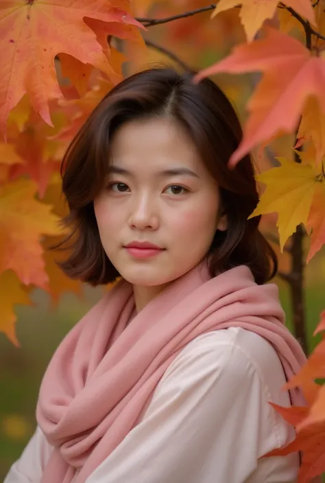 A woman with medium-length dark brown hair, a gentle smile, and a soft pink scarf, standing against a backdrop of fall foliage.