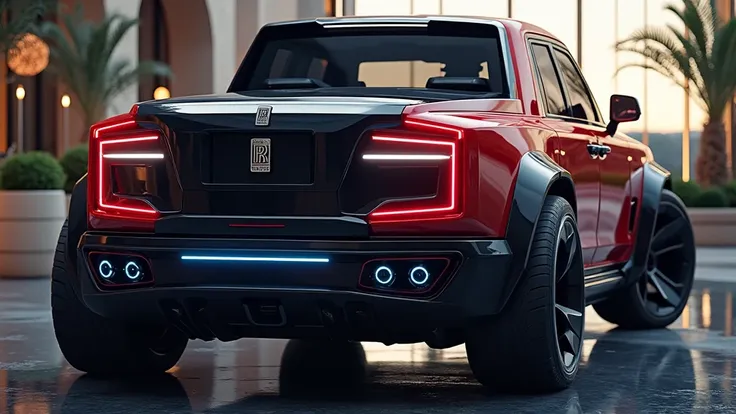 "An ultra-realistic image of a futuristic 2025 Rolls Royce pickup truck in a showroom, showcasing the back side view. The vehicle features a shiny red exterior with a bold, aerodynamic design. The rear bumper is wide and aggressive, featuring unique concep...