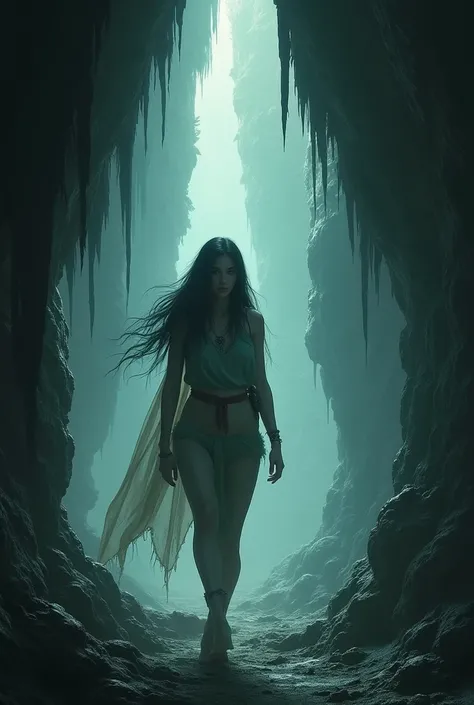 Parvati Sneaks into the Cave
Prompt: Parvati, moving stealthily through the shadows, sneaking into the cave. She hides behind stalactites and stalagmites as she peeks inside. The cave’s interior glows faintly, casting an otherworldly light on her face, sho...