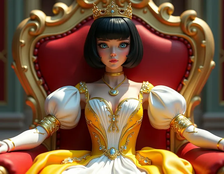 create a  princess sitting in a golden chair, her dress is color royal white combination of yellow and red her hair is short and color black her eyes is color blue shes a human with ai 