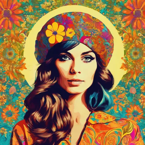 [Portrait], [Hippie psychedelic pop art, Illustration, 1960s style], [British woman, looking at the camera], [70s fashion, hippie fashion], [Floral pattern background], [4K, masterpiece, beautiful artwork, digital painting, digital art]