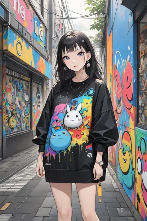 Ultra-realistic kanmi style, Simple line acronym abstract art, Cute design, Street fashion, Cute Amoeba , TOTORO, The background is a stylish graffiti