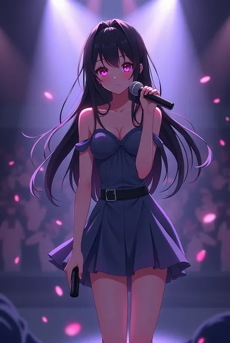  pretty girl, Singer,  black hair, pink eyes,  microphone ,  standing, stage (anime)