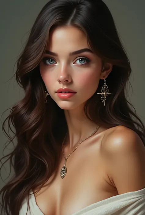 1girl  , One,  Long hair ,   ,  looks at the viewer,  blue eyes ,  jewelry , necklace, shoulder outside , , skinny, lips,  Realistic, nose,  body flirt with camera, cleavage,  perfect eyes 
