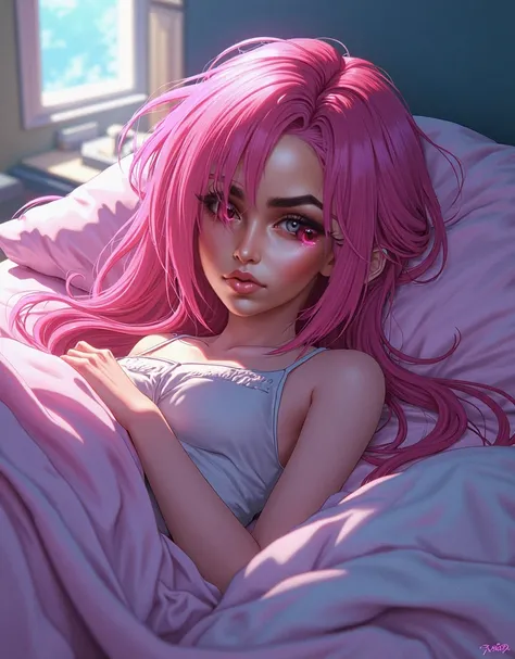 anime girl with pink hair laying on a bed with a pink blanket, cyberpunk art inspired by rossdraws, trending on Artstation, digital art, rossdraws | afrofuturism, rossdraws cartoon vibrant, rossdraws 1. 0, artwork in the style of guweiz, rossdraws 2. 0, cy...