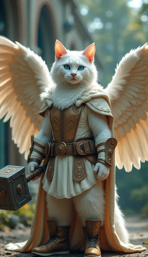 (photorealism:9.16) Make a picture facing the camera of a white female cat, solid athletic body contains ,  her eyes are blue , big nose, wear an ancient royal outfit , military shoes ,  holding the hammer of thor ,  flapping big wings , standing in front ...