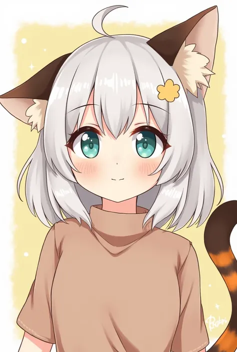 solo, cat girl, :3, teenager , aqua eyes, white gray hair, gradient orange hair, gradient brown hair, wavy bob, big brown cat ears with black and orange stripes, fluffy big tail brown with black and orange stripes. CHIBI
