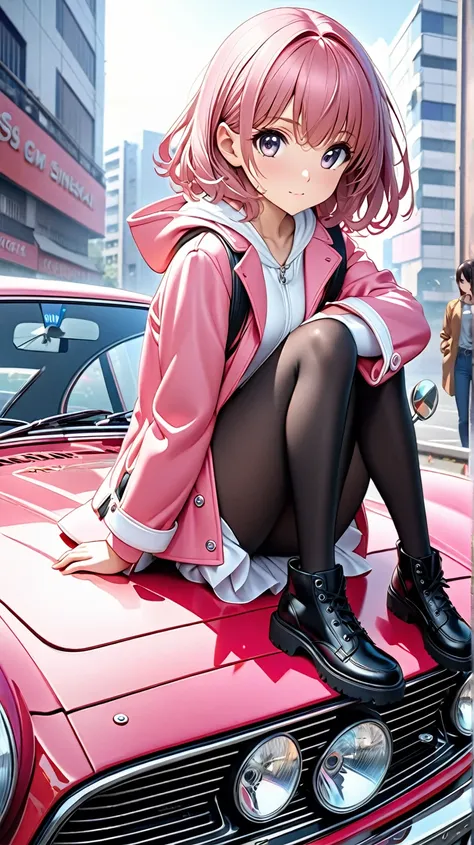  anime girl sitting on the hood of a car wearing a pink coat,  Miura Kentaro inspired picture , Pixiv,  photorealism , Kentaro Miura style,  Miura Kentaros style , Anime with acronym D ,  charming anime girl , Sincerity, Sincerity shinkai and artgerm,  Cut...