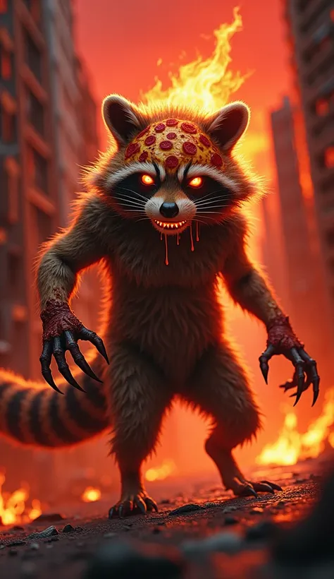 Design a terrifying hybrid creature that seamlessly blends features of a raccoon and a pizza into a monstrous, dangerous entity. The creature should have a raccoon’s body, with fur that transitions into melted cheese and a head that combines raccoon-like e...