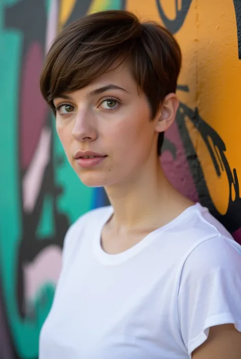 A woman with a pixie haircut and expressive eyes, wearing a simple white t-shirt, standing in front of a colorful street mural.