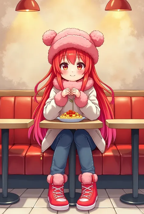 Manga cartoon   A Girl  skin white smile , long   hair colour  red - pink   gradient , wear outfits  Winter wear  and  sneaker colour red and  pink eating  foods in restaurant   backdrop  wall  , manga water colour  cartoon style  . 