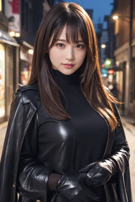 (8k, RAW Photo, Highest Quality, High Resolution:1.1), (ultra-realistic:1.4),(Realistic, Realistic:1.3),Japanese Beauty, Outdoors, A girl wearing an elegant dark violet long coat, a knit top and a houndstooth mini skirt, pumps,((Upper Body Position Street ...