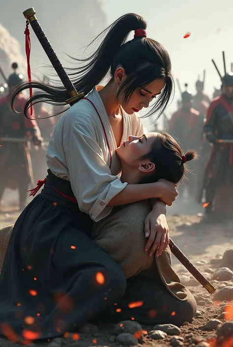 (masterpiece:1.2,  best quality),  Realistic images with professional photos  , Very realistic, Genuine, (( Female Swordsman in Samurai )), Im hugging a woman who was hurt and fell,  holding a Japanese sword on one knee , An arrow stuck in my shoulder ,  b...