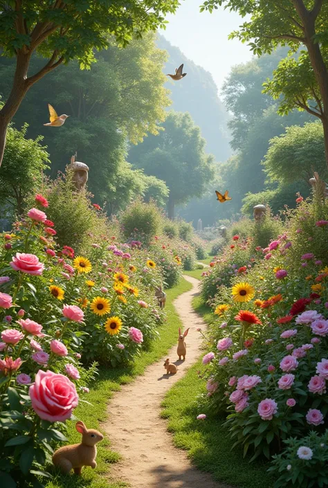 Generate hyper realistic image of a beautiful garden filled with beautiful flowers and animals