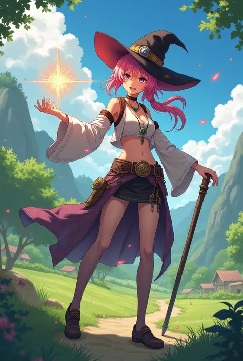 anime、 one girl in the village、Normal girl 、、 The Wizard、 Witch Hat 、Open clothing、 bad at magic 、 trying hard to use magic、 has a cane、 Big Breasts 、valley、A necklace full of strength、Earrings、 slender、 clothes that allow you to see the chest 、 stockings、...