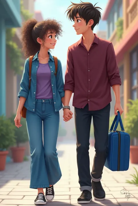 girl in curly messy bun hairstyle,blue wide jeans inner side purple neck top tucked in and on it blue jean denim and black coloured college bag on her back and A boy maroon coloured formal shirt not tucked in and black pant and blue coloured travel bag hol...