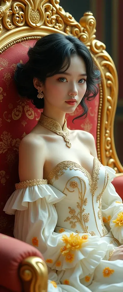 create a royal princess sitting in a golden chair, her dress is color royal white with combination of yellow and red ,her hair is short but weavey and color black, her eyes is color blue shes a human with ai 