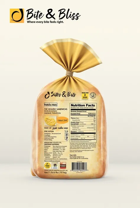  make sandwich bread packaging using paper branded bite &blisss ,  catchphrase Where Every Bite Feels Right !,  its composition COMPOSITION :

 Wheat flour , sugar,  milk powder ,  eggs ,  margarine ,  instant yeast , salt , air,  and ingredients

additive...