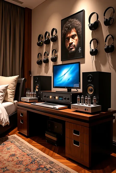 An extremely expensive audiophile music room with a laptop and lot of high end headphones kept on table open back headphones and one box full of wired in ear monitors kept,huge tube amplifiers for headphones kept on table one by one in order  on walls musi...