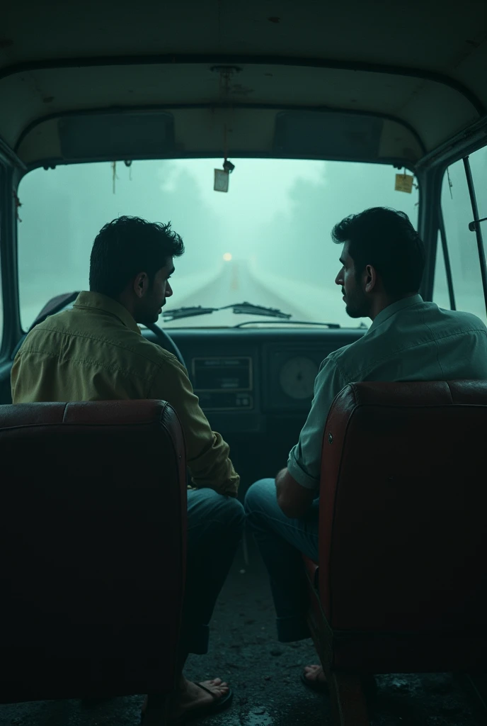 .

The rusty old taxi suddenly halts in the middle of the fog-covered road. The dim yellow headlights flicker weakly, barely illuminating the surroundings. Ajay looks startled, gripping the torn seat in fear, while the driver slowly begins to turn his head...