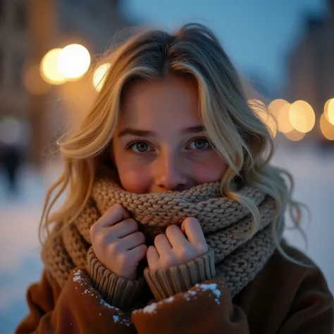 Light gold wavy hair, Bluish eyes, Petite Girls, Beautiful girl even without makeup, Pale red cheeks,Wrap an earth-colored scarf around your neck, Winter clothing with a stand-up collar, He exhales coldly, white sighs, Look up at the viewer, ((Grabbing the...