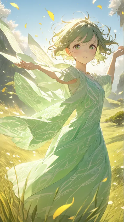 1 girl, ( cute face),  shorthair , to many hairstyle,  small breasts, Light green dress ,  Wind Spirit Pattern ,  Light Feather Accessory,  Pottery skin , break, In the grassland, (Light Light :1.2),  Dreamy Atmosphere , break,  petals dancing in the wind ...