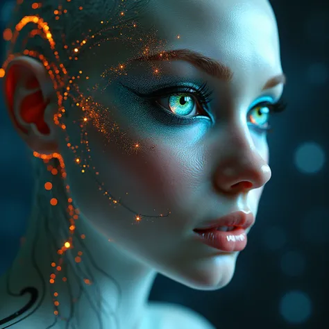 , Alien beauty alien, futuristic lab, cell regeneration, olhos multifacetados, Telepathic abilities, Vision of the Multiverse, cyber implants, atmosfera aprimorada, Advanced technology, Quantum Healing, genetics, Chakras, Campos de energia, biophysics, cor...