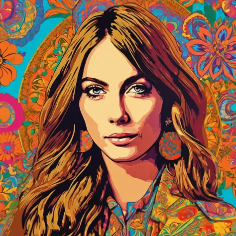 [Portrait], [Hippie psychedelic pop art, Illustration, 1970s style], [British woman, looking at the camera], [70s fashion, hippie fashion], [Floral pattern background, Cel animation, official art], [4K, masterpiece, beautiful artwork, digital painting, dig...