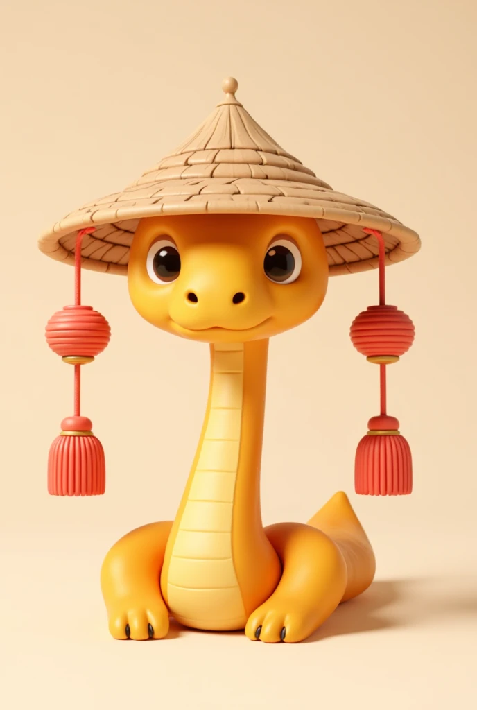 Cute 3DCG animation style, Japanese New Year, kadomatsu on both sides, straw hat, head lifted, anthropomorphic snake seen from front, no background