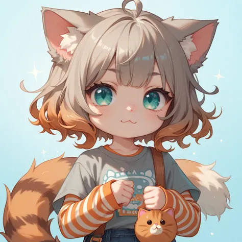 solo, cat girl, :3, teenager , aqua eyes, white gray hair, gradient orange hair, gradient brown hair, wavy bob, big brown cat ears with black and orange stripes, fluffy big tail brown with black and orange stripes. CHIBI
